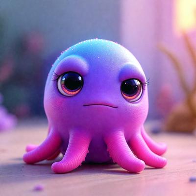 The primary subject of the image is a small, pink, purple, and blue octopus toy. It is sitting on a wooden table, which serves as the setting. The visual style of the image is a digital art, as it is a computer-generated illustration. The colors and mood of the image are vibrant and playful, with the pink, purple, and blue hues creating a cheerful atmosphere.